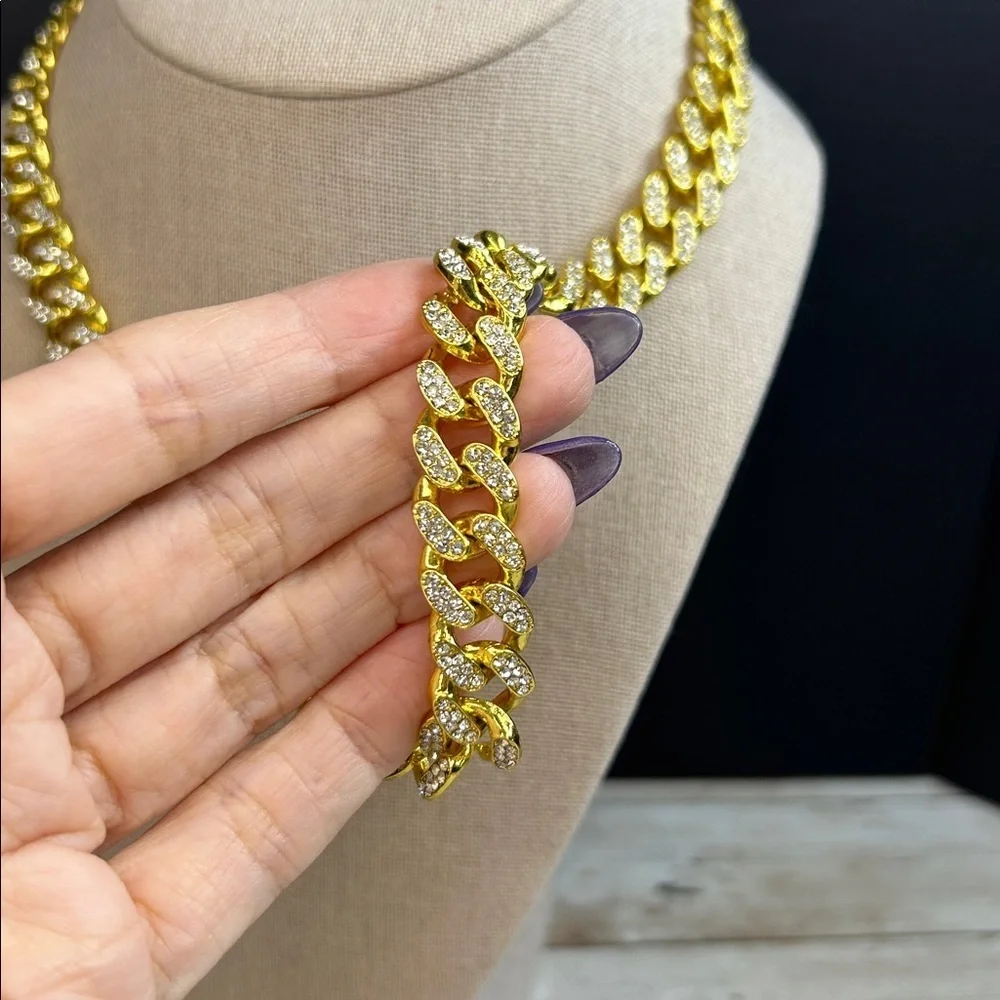 Stunning Gold Cuban Link Chain Necklace Adorned With Crystals